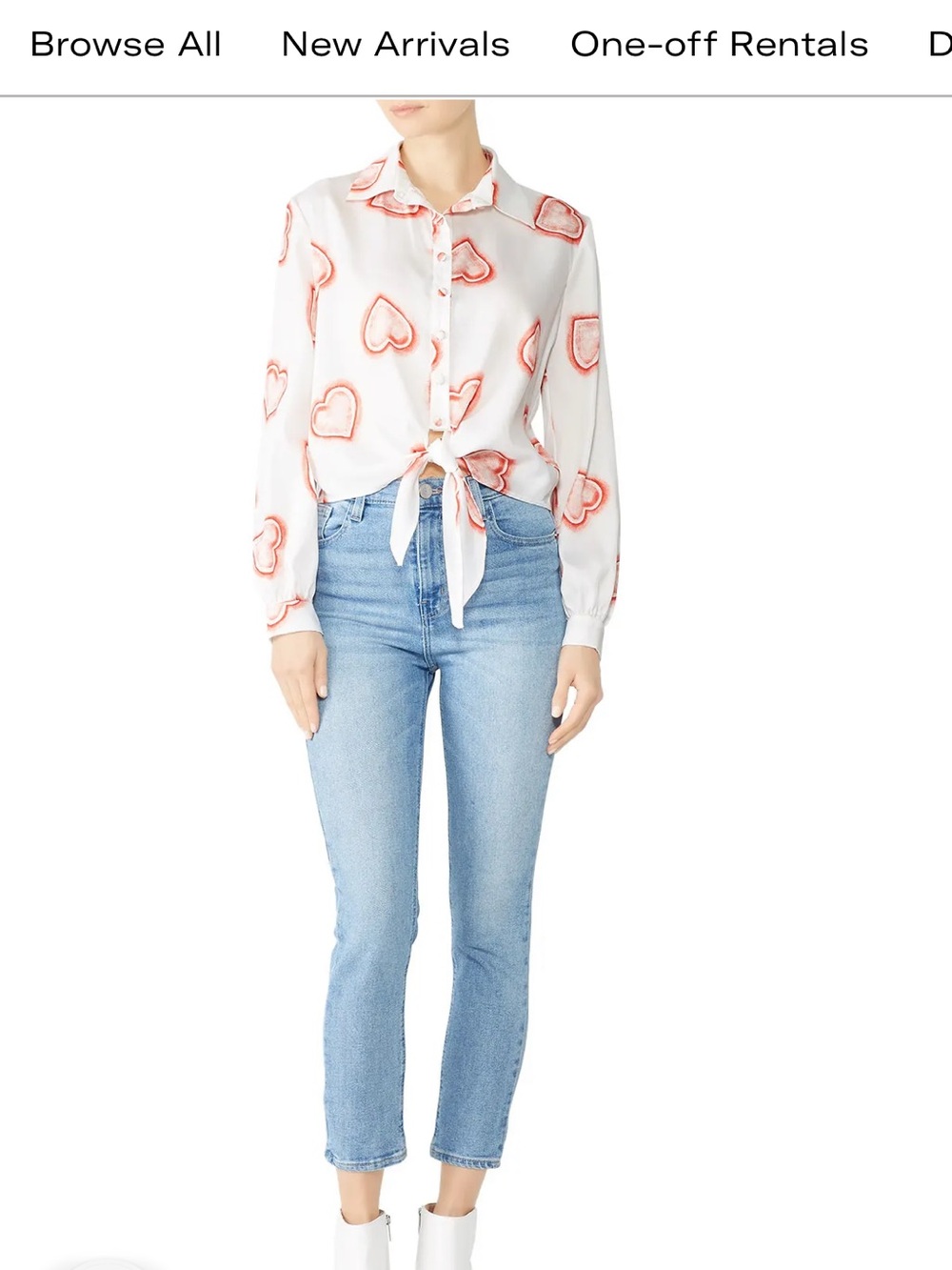 White Tie-Front Blouse with Red Heart Print